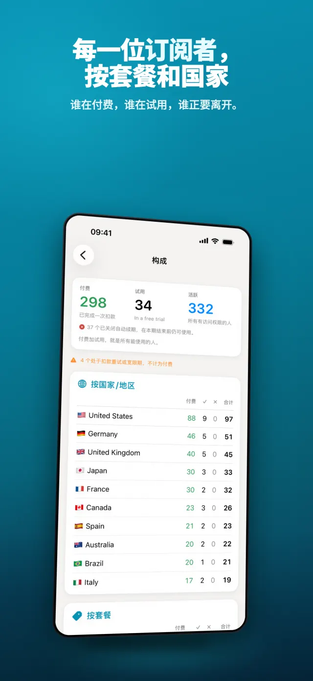 每一位订阅者，按套餐和国家